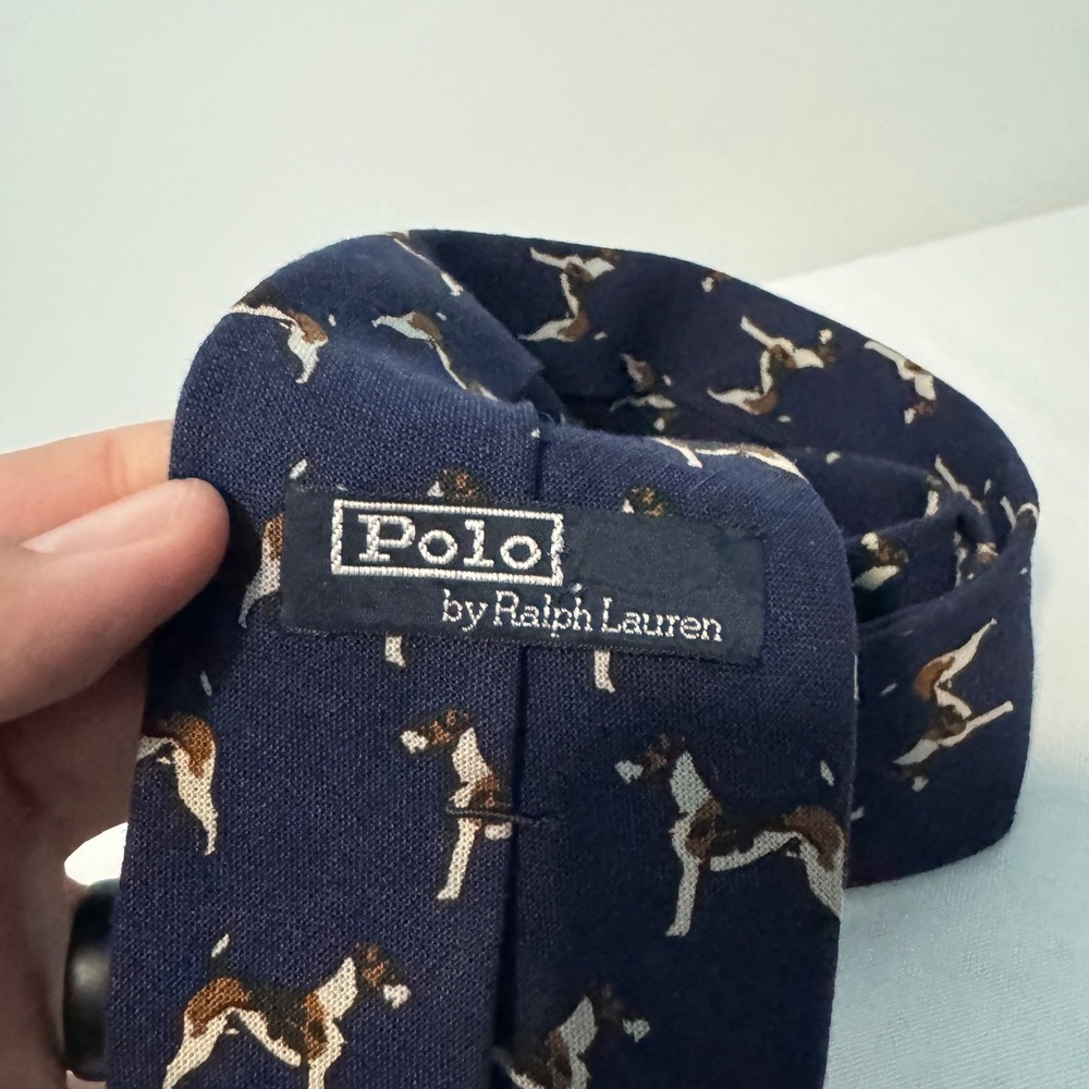 Polo Ralph Lauren Necktie Navy Blue Dog Print 100% Linen Tie Handmade in USA - Picture 4 of 8